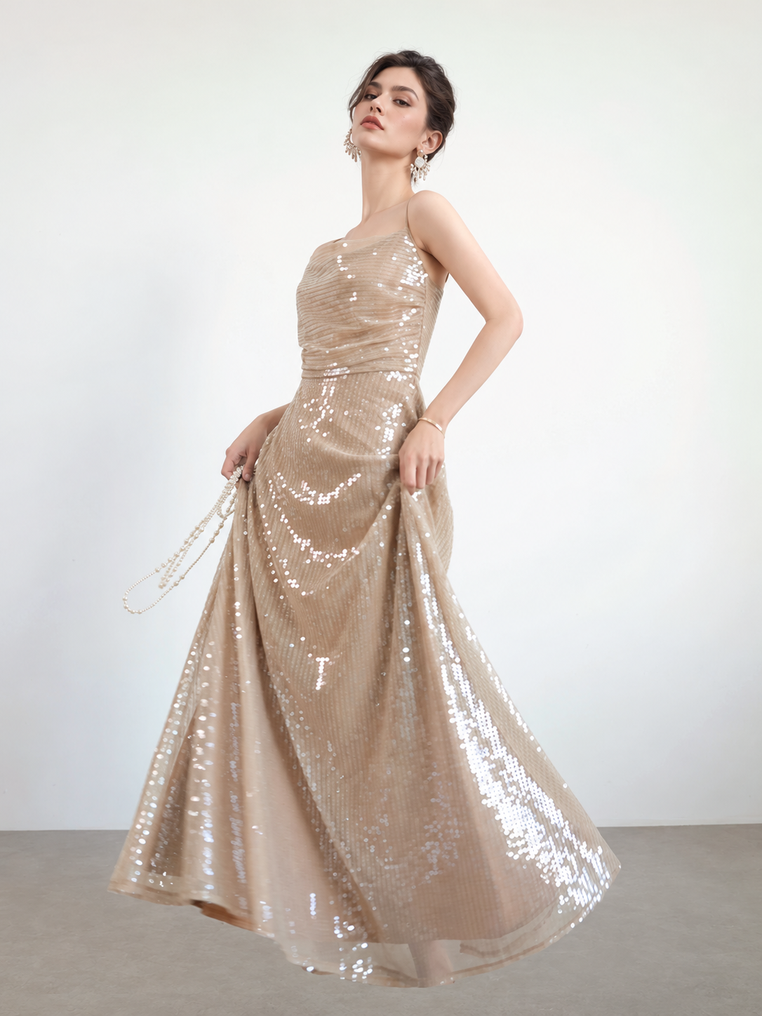 Champagne Sequin Cowl-Neck Spaghetti-Strap Evening Gown — Champagne — view 2