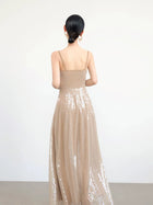 Champagne Sequin Cowl-Neck Spaghetti-Strap Evening Gown — Champagne — view 3