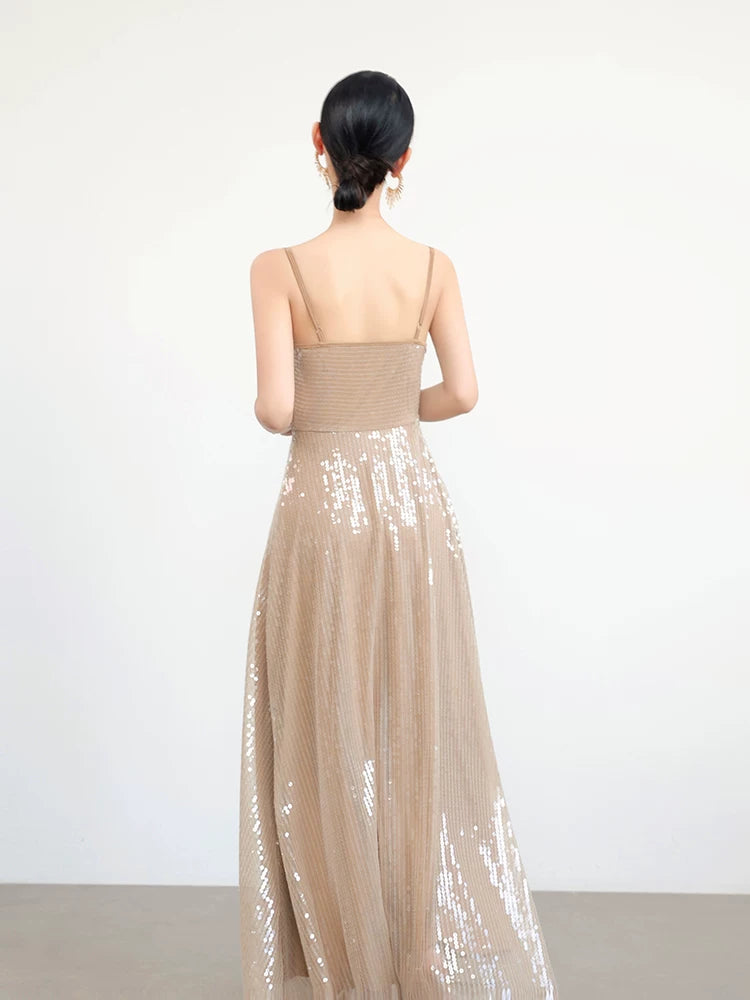 Champagne Sequin Cowl-Neck Spaghetti-Strap Evening Gown — Champagne — view 3