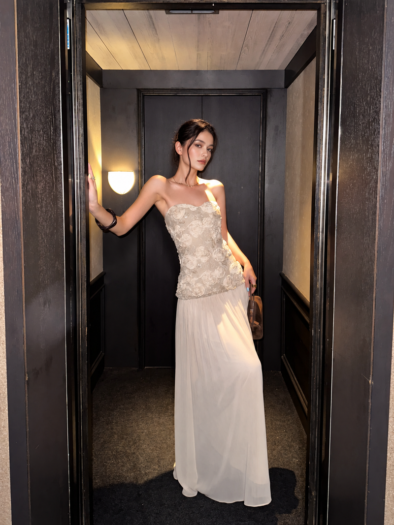Beige Strapless Lace-Bodice Chiffon Evening Dress — Beige — view 1