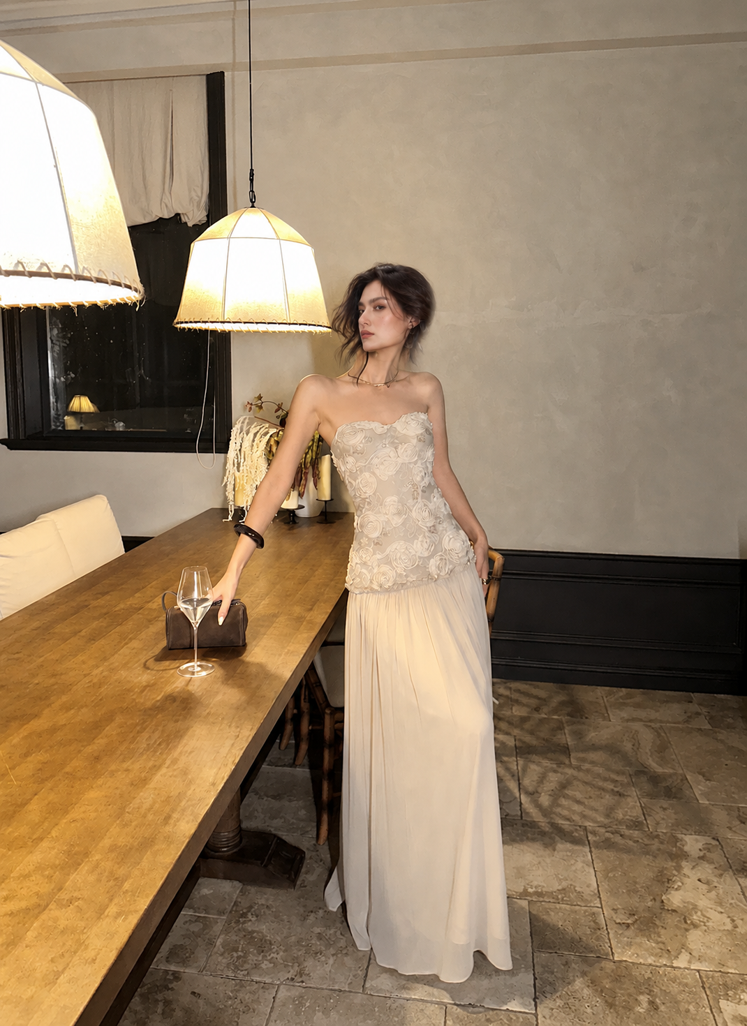 Beige Strapless Lace-Bodice Chiffon Evening Dress — Beige — view 3