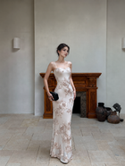 Champagne Floral-Applique Spaghetti-Strap Evening Dress — Champagne — view 1