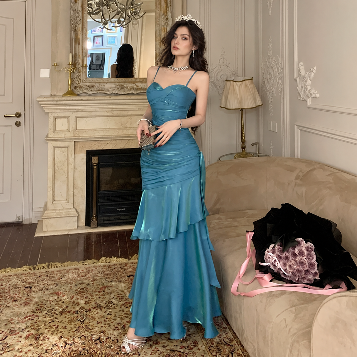 Satin Tiered Mermaid Prom Dress with Spaghetti Straps — Blue — view 1