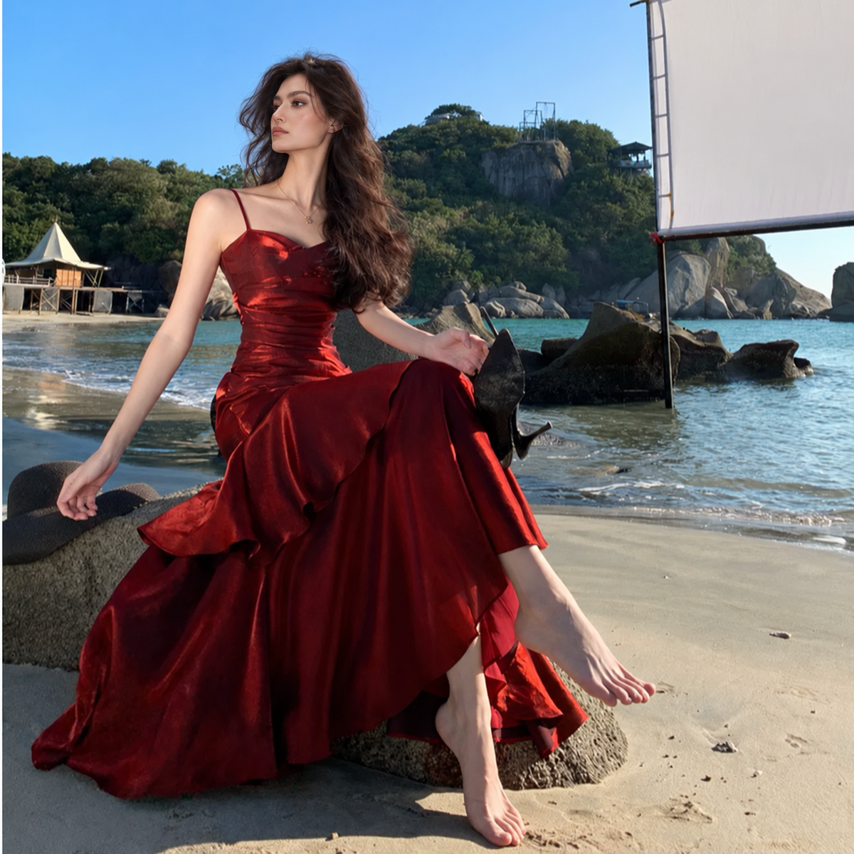 Satin Tiered Mermaid Prom Dress with Spaghetti Straps — Red — view 2