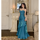 Satin Tiered Mermaid Prom Dress with Spaghetti Straps — Blue — view 3