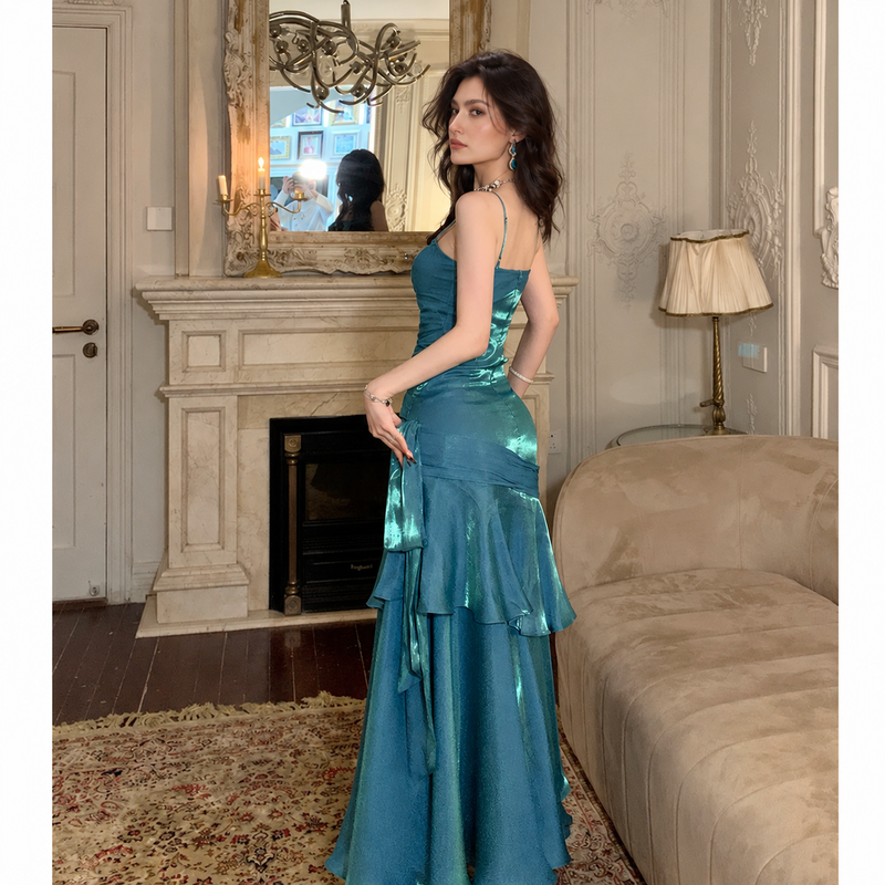 Satin Tiered Mermaid Prom Dress with Spaghetti Straps — Blue — view 6