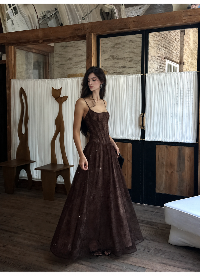 Lace Spaghetti-Strap Corset Maxi Evening Dress — Brown — view 2