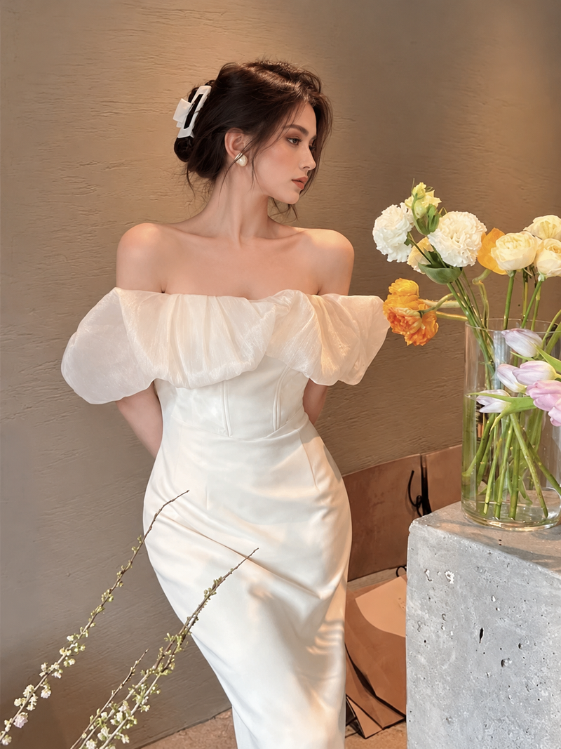 Off-Shoulder Puff-Sleeve Satin Fitted Party Dress — Light Beige — view 1