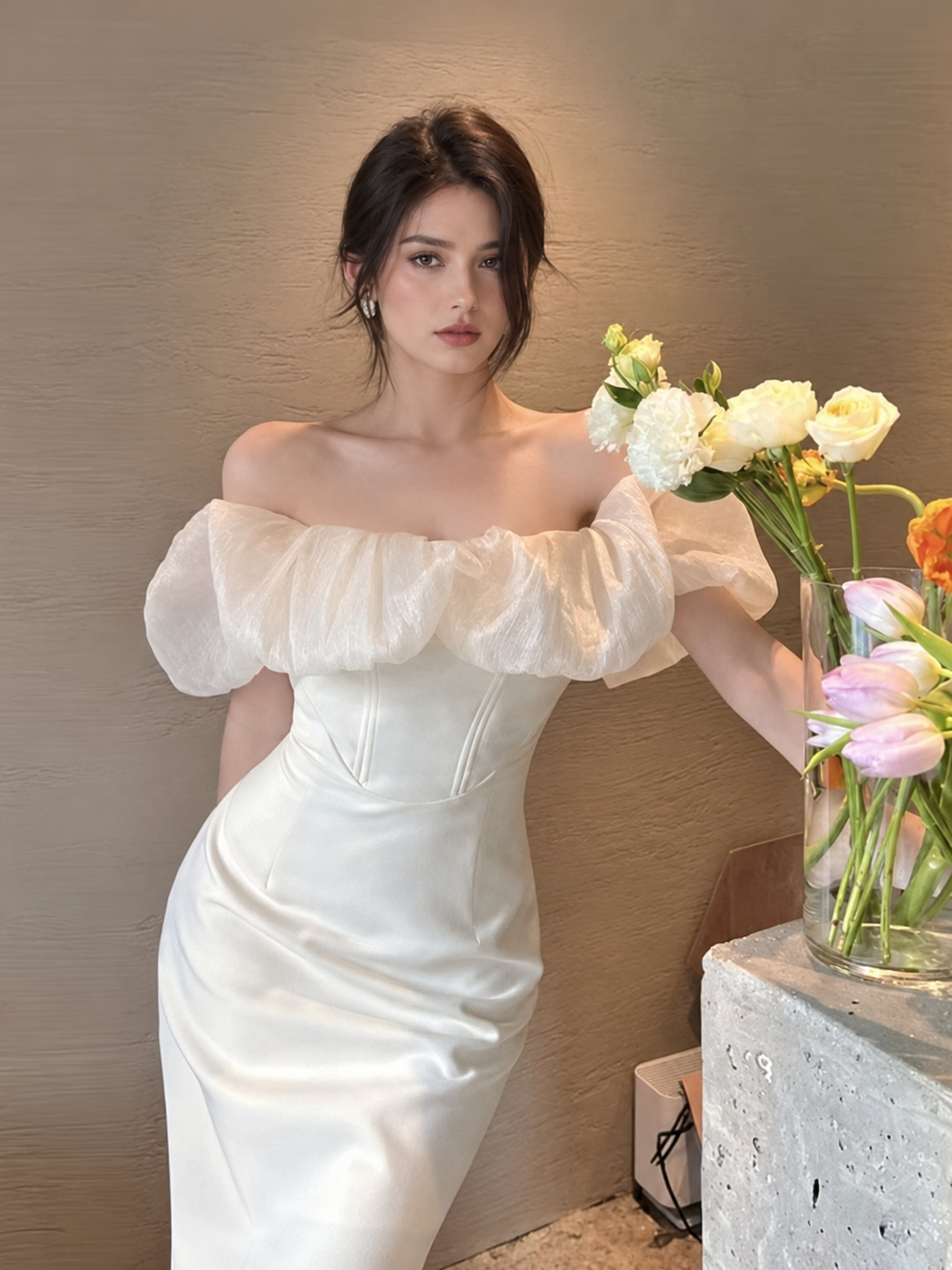 Off-Shoulder Puff-Sleeve Satin Fitted Party Dress — Light Beige — view 3