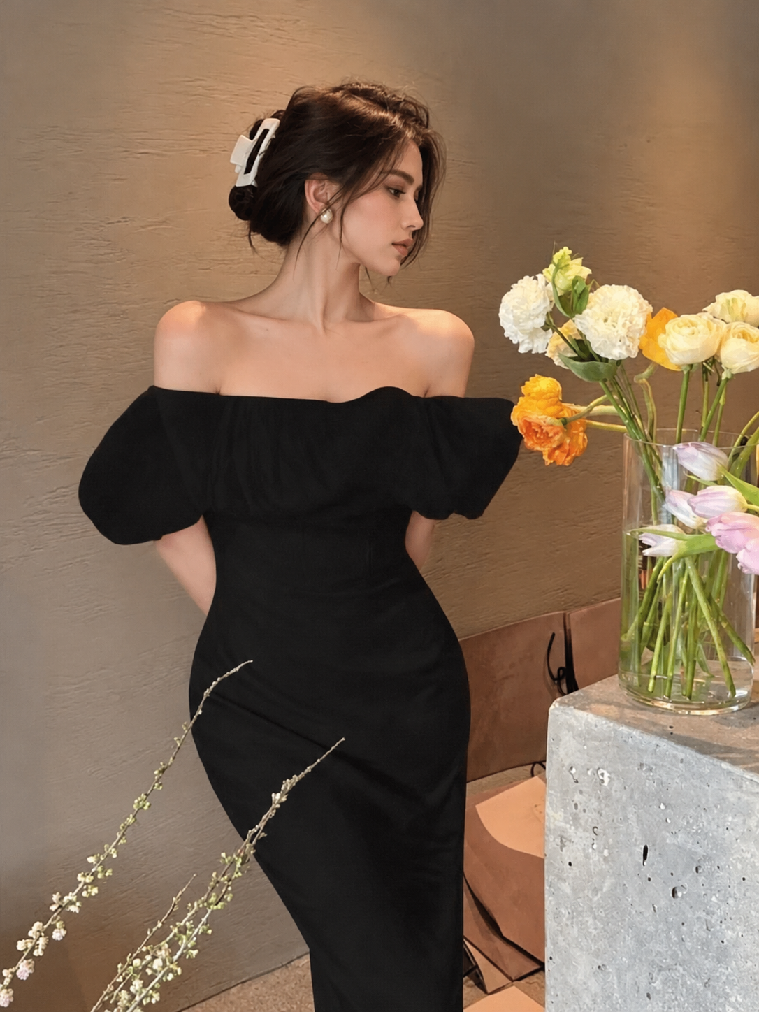 Off-Shoulder Puff-Sleeve Satin Fitted Party Dress — Black — view 5