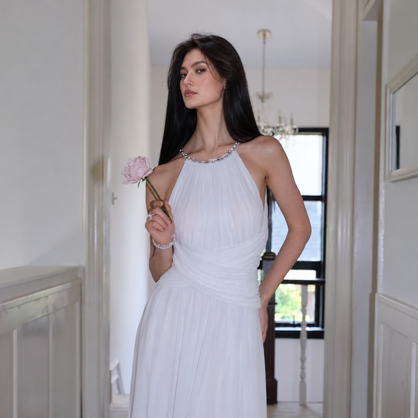 Halter-Neck Open-Back Ruched Mesh Evening Dress — White — view 1