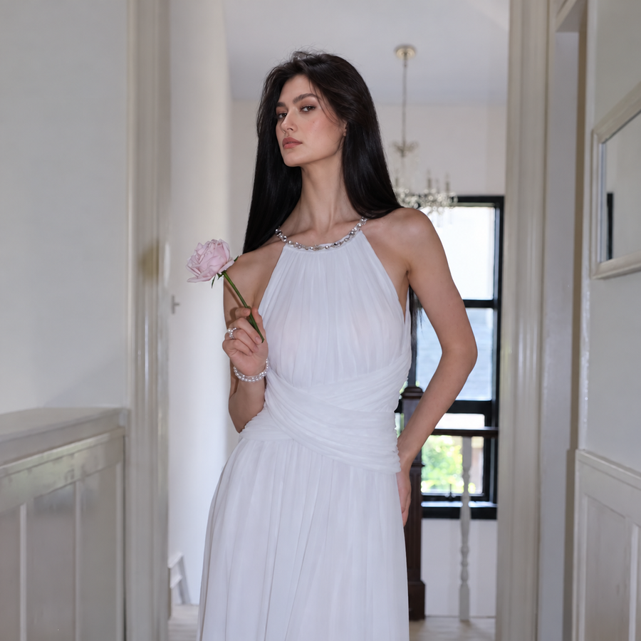 Halter-Neck Open-Back Ruched Mesh Evening Dress