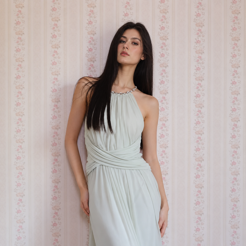 Halter-Neck Open-Back Ruched Mesh Evening Dress — Light Green — view 2