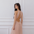 Halter-Neck Open-Back Ruched Mesh Evening Dress — Light Pink — view 3