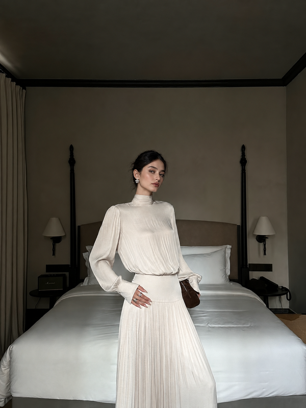Champagne Long-Sleeve Pleated Satin Maxi Evening Dress — Champagne — view 1