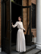 Champagne Long-Sleeve Pleated Satin Maxi Evening Dress — Champagne — view 2