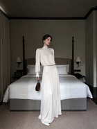 Champagne Long-Sleeve Pleated Satin Maxi Evening Dress — Champagne — view 3