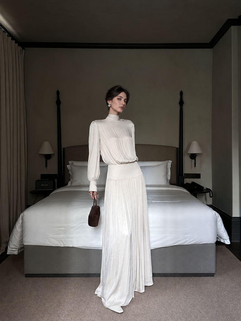 Champagne Long-Sleeve Pleated Satin Maxi Evening Dress — Champagne — view 3