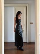 Black Faux-Leather Spaghetti-Strap Bodycon Maxi Dress — Black — view 1