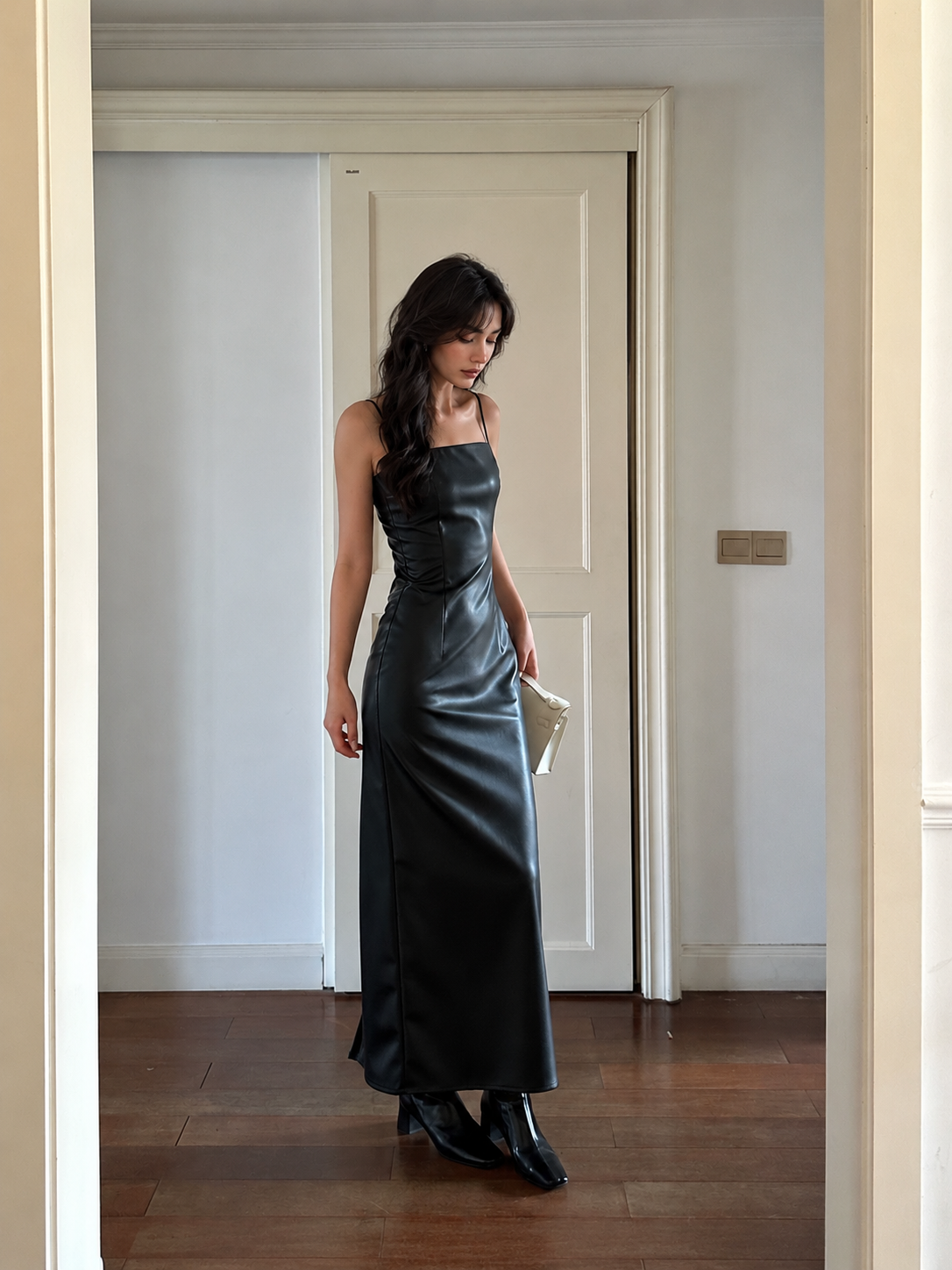 Black Faux-Leather Spaghetti-Strap Bodycon Maxi Dress — Black — view 1