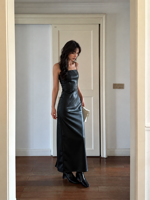 Black Faux-Leather Spaghetti-Strap Bodycon Maxi Dress — Black — view 1