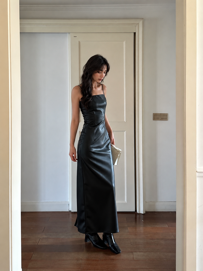 Black Faux-Leather Spaghetti-Strap Bodycon Maxi Dress — Black — view 1