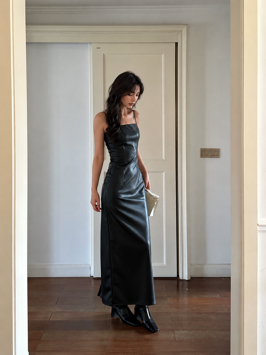 Black Faux-Leather Spaghetti-Strap Bodycon Maxi Dress