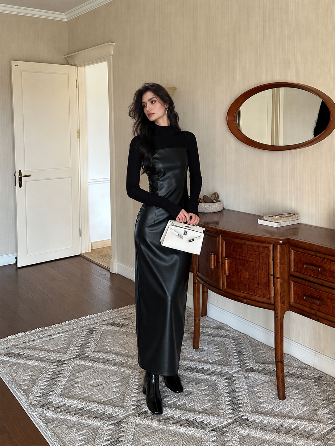 Black Faux-Leather Spaghetti-Strap Bodycon Maxi Dress — Black — view 2