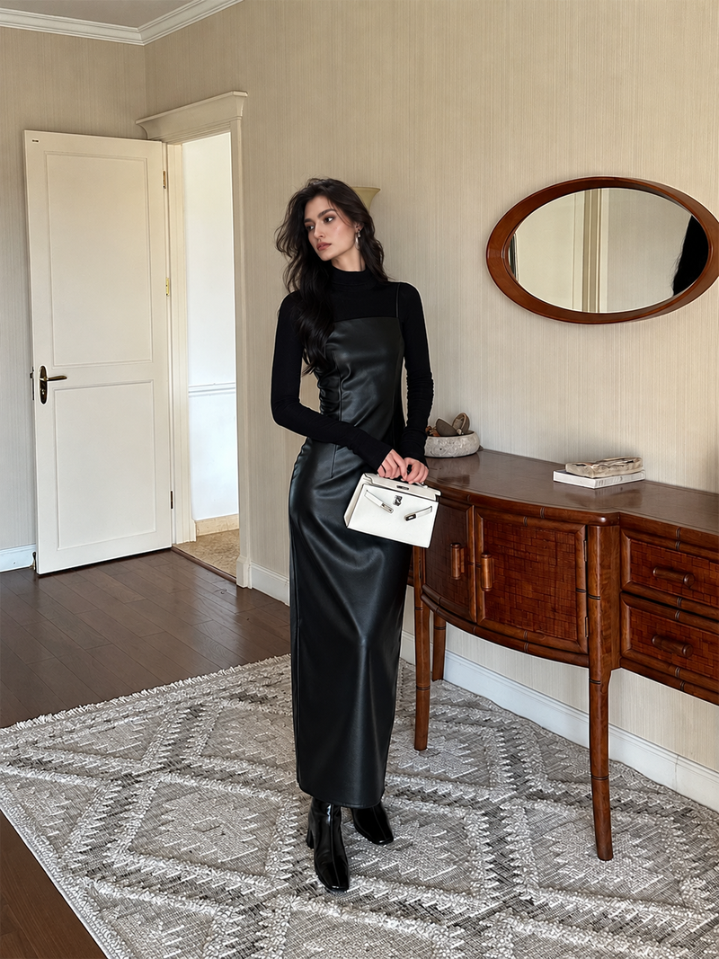 Black Faux-Leather Spaghetti-Strap Bodycon Maxi Dress — Black — view 2