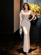 Ivory Floral-Embellished Draped Evening Gown — Ivory — view 2