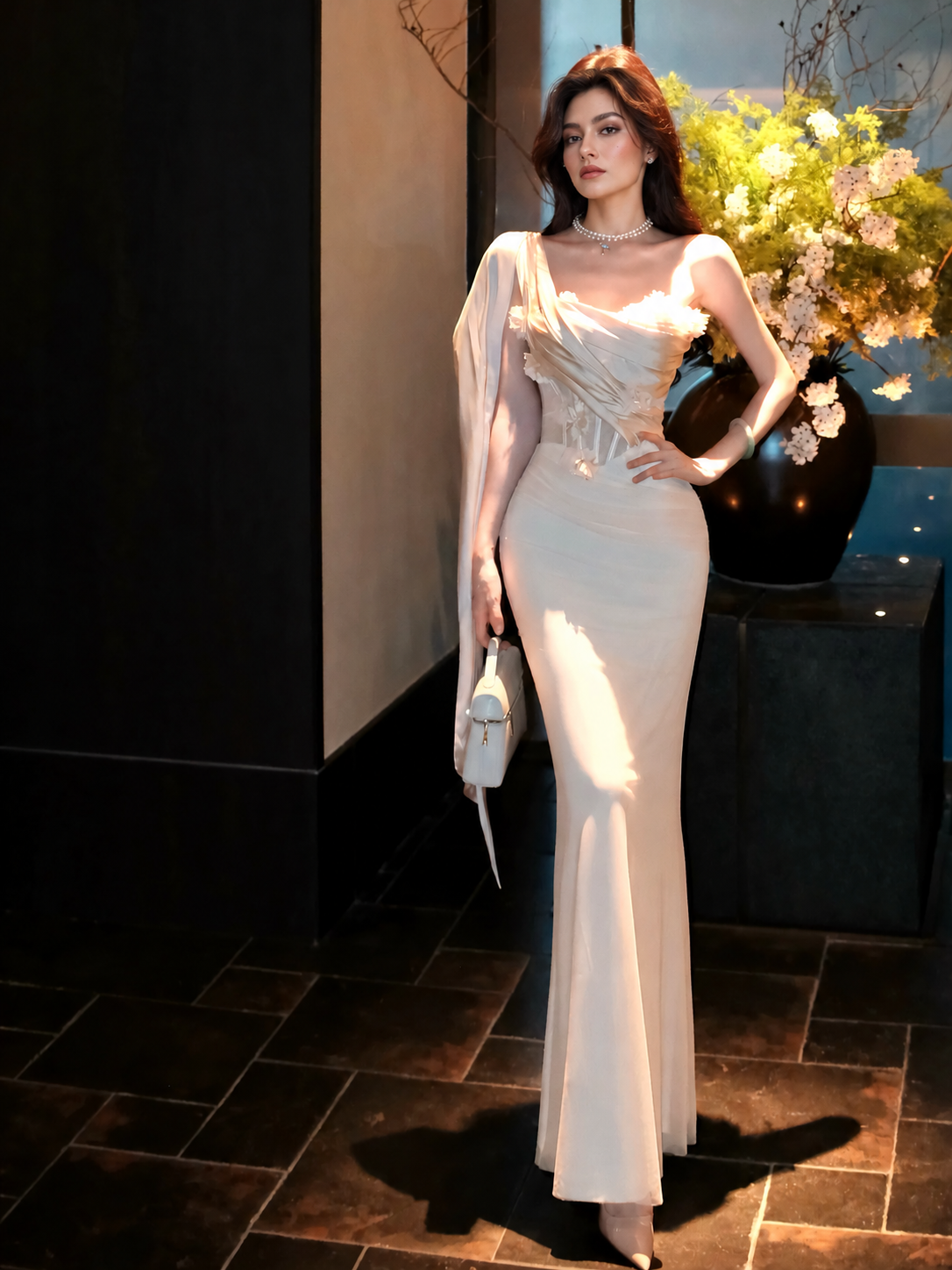 Ivory Floral-Embellished Draped Evening Gown — Ivory — view 2