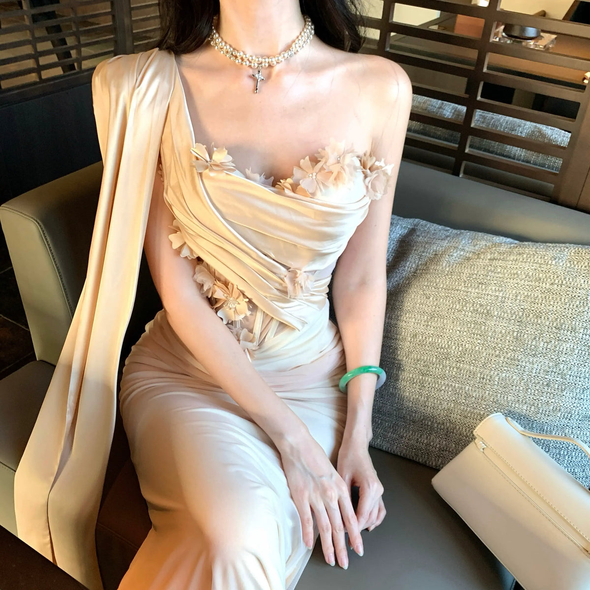Ivory Floral-Embellished Draped Evening Gown — Ivory — view 4