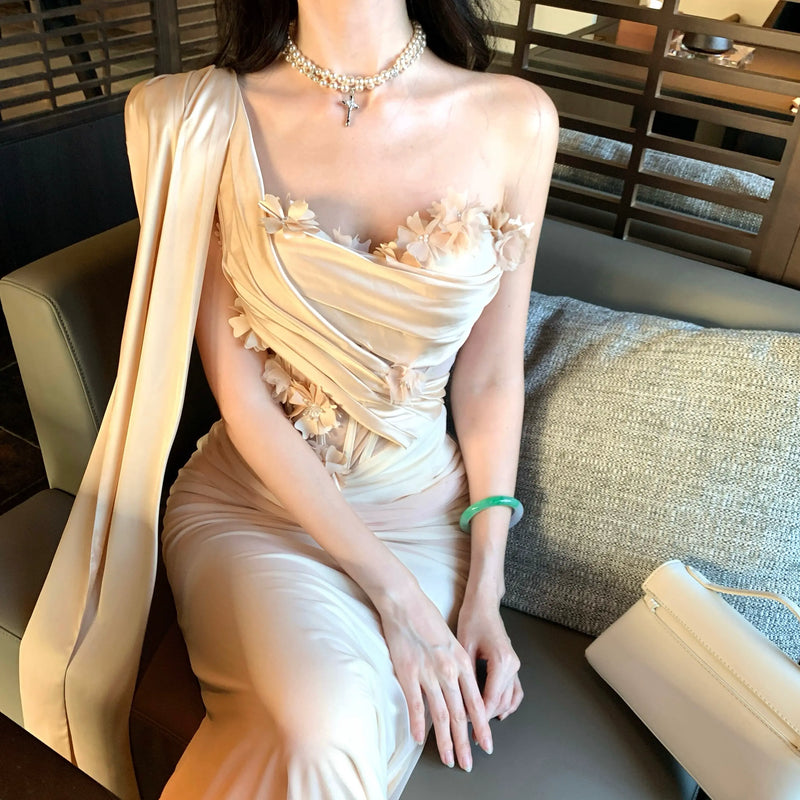 Ivory Floral-Embellished Draped Evening Gown — Ivory — view 4