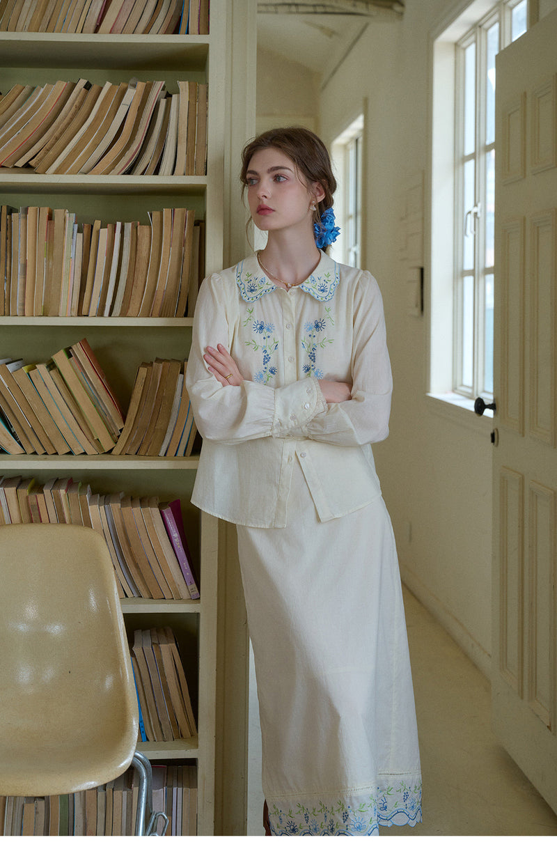Women's 100% Cotton Embroidered Two-Piece Set | Peter Pan Collar Blouse & Maxi Skirt