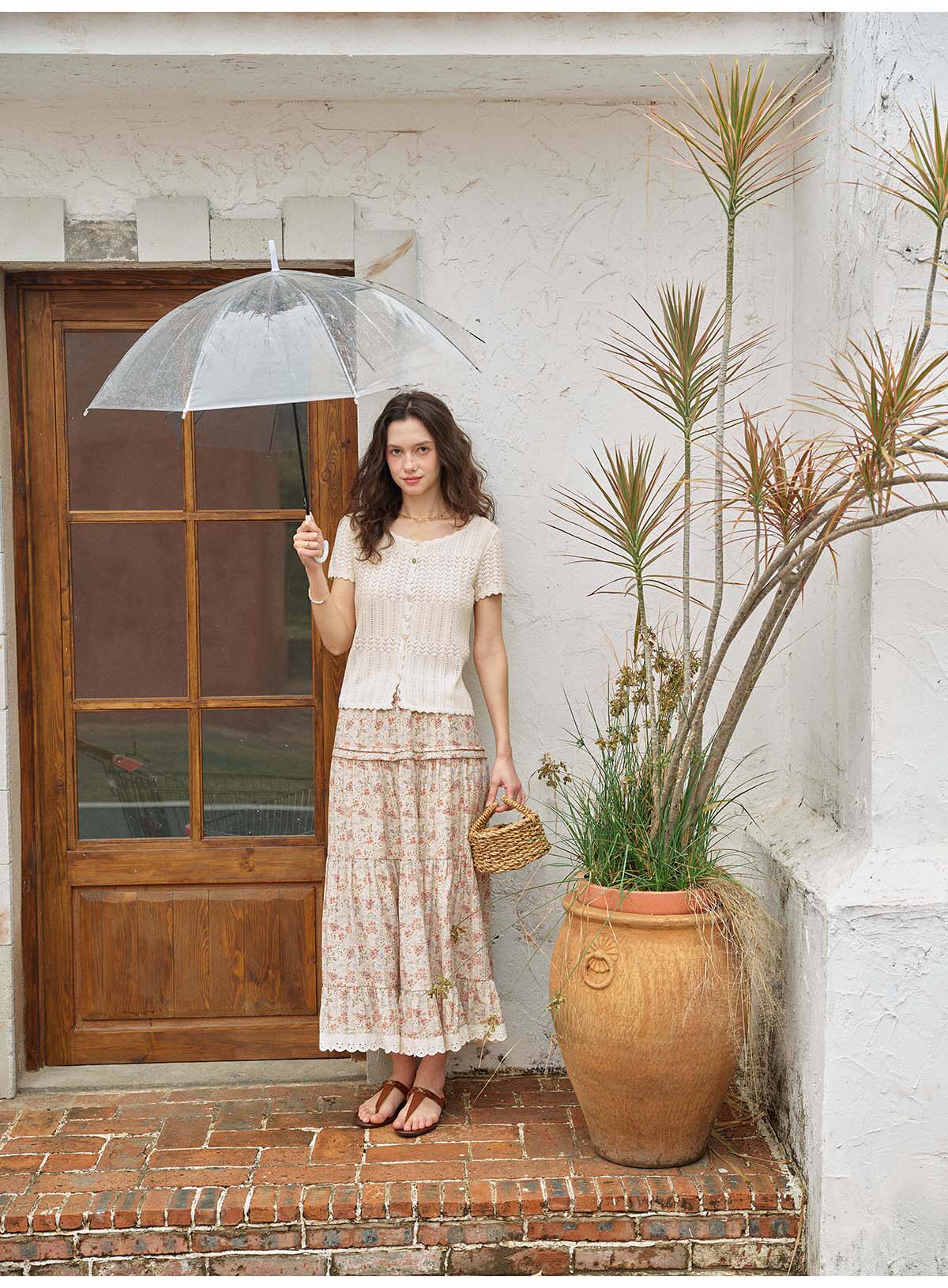 French Style Hollow Knit Short Sleeve Cardigan, Linen-Look Breathable Top, 2 Colors