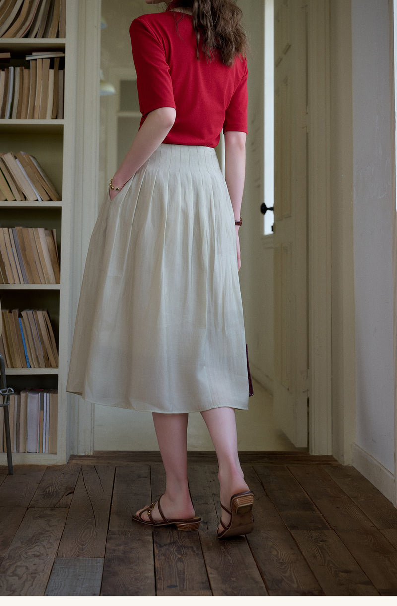 Vintage Plant Embroidered Lyocell Two-Piece Set - V-Neck Puff Sleeve Top & Midi Skirt