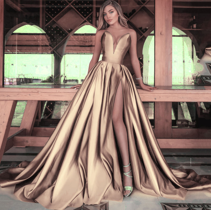 Women's Deep V-Neck Maxi Wedding Dress with Slit