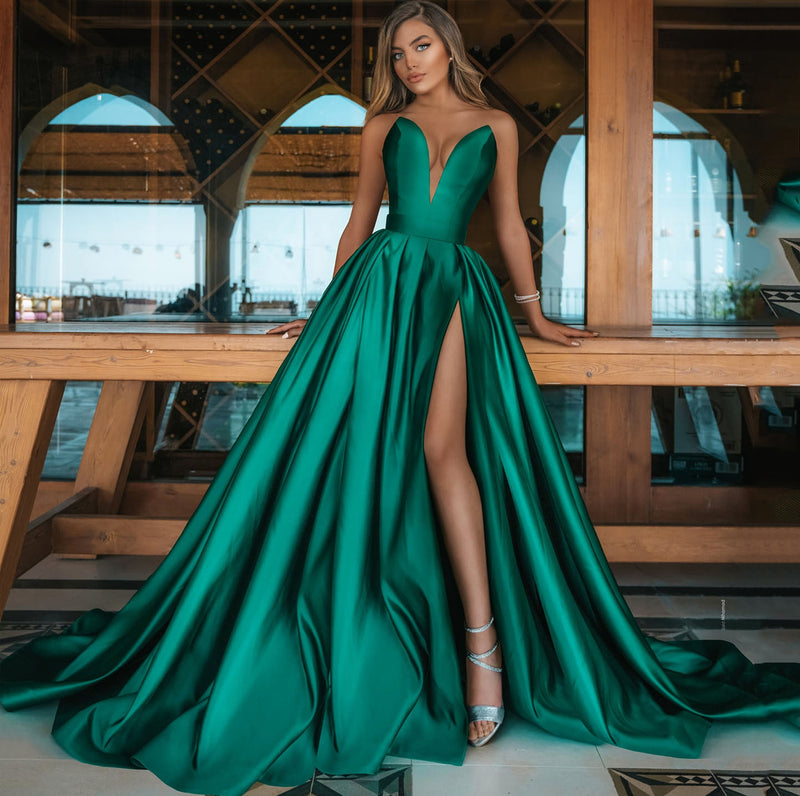 Women's Deep V-Neck Maxi Wedding Dress with Slit