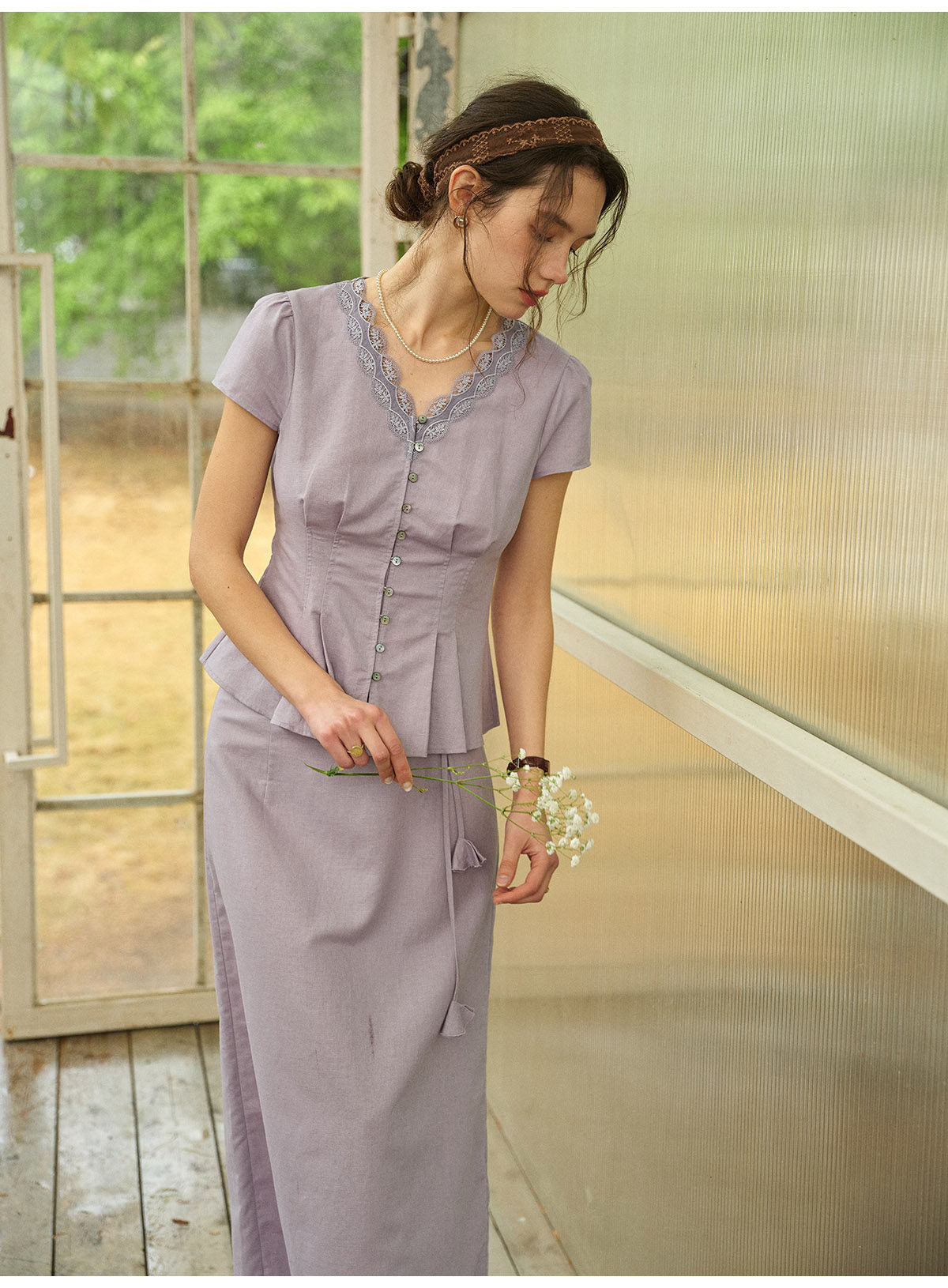 French Linen Cotton Lace V-Neck Two-Piece Set