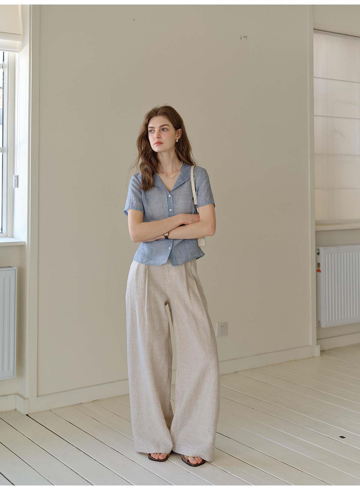 French Ramie Lyocell Notch Collar Blouse, Tailored Short Sleeve Button-Down Shirt for Women, Office Casual Retro Top