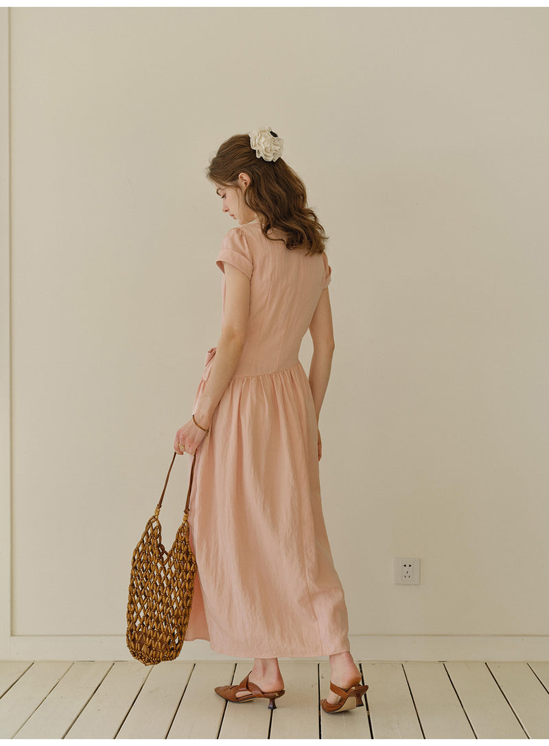 Women's Lyocell Blend V-Neck Midi Dress | French Style Belted Waist Short Sleeve Summer Dress