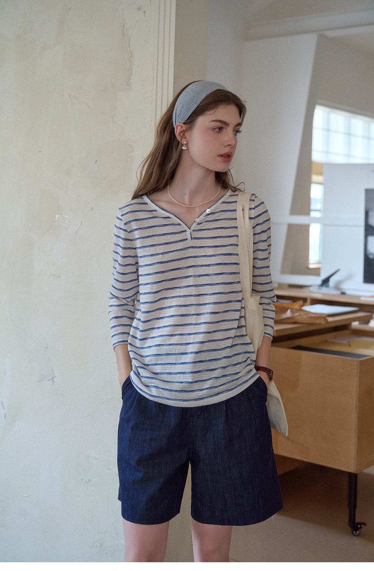 French Striped Henley Neck Lyocell T-Shirt