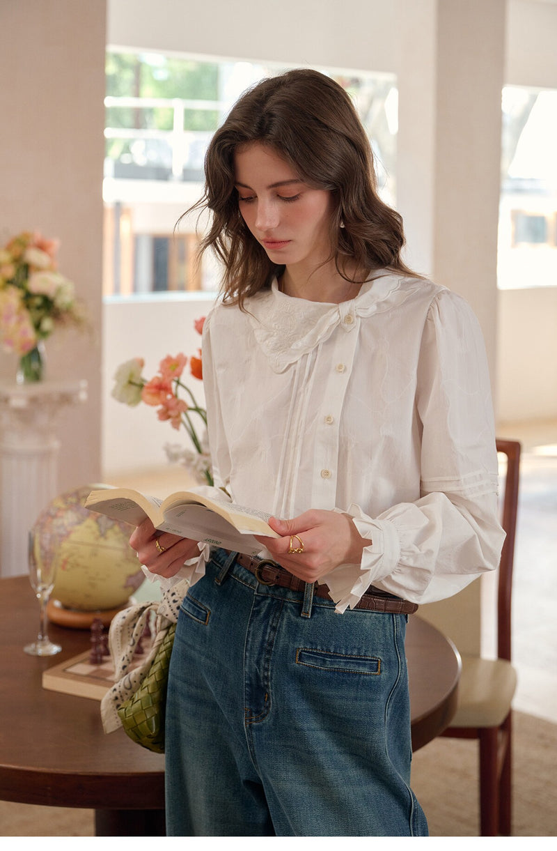 French Style Embroidered Cotton Lyocell Blouse Women Asymmetric Bow Collar Shirt