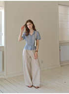 French Ramie Lyocell Notch Collar Blouse, Tailored Short Sleeve Button-Down Shirt for Women, Office Casual Retro Top
