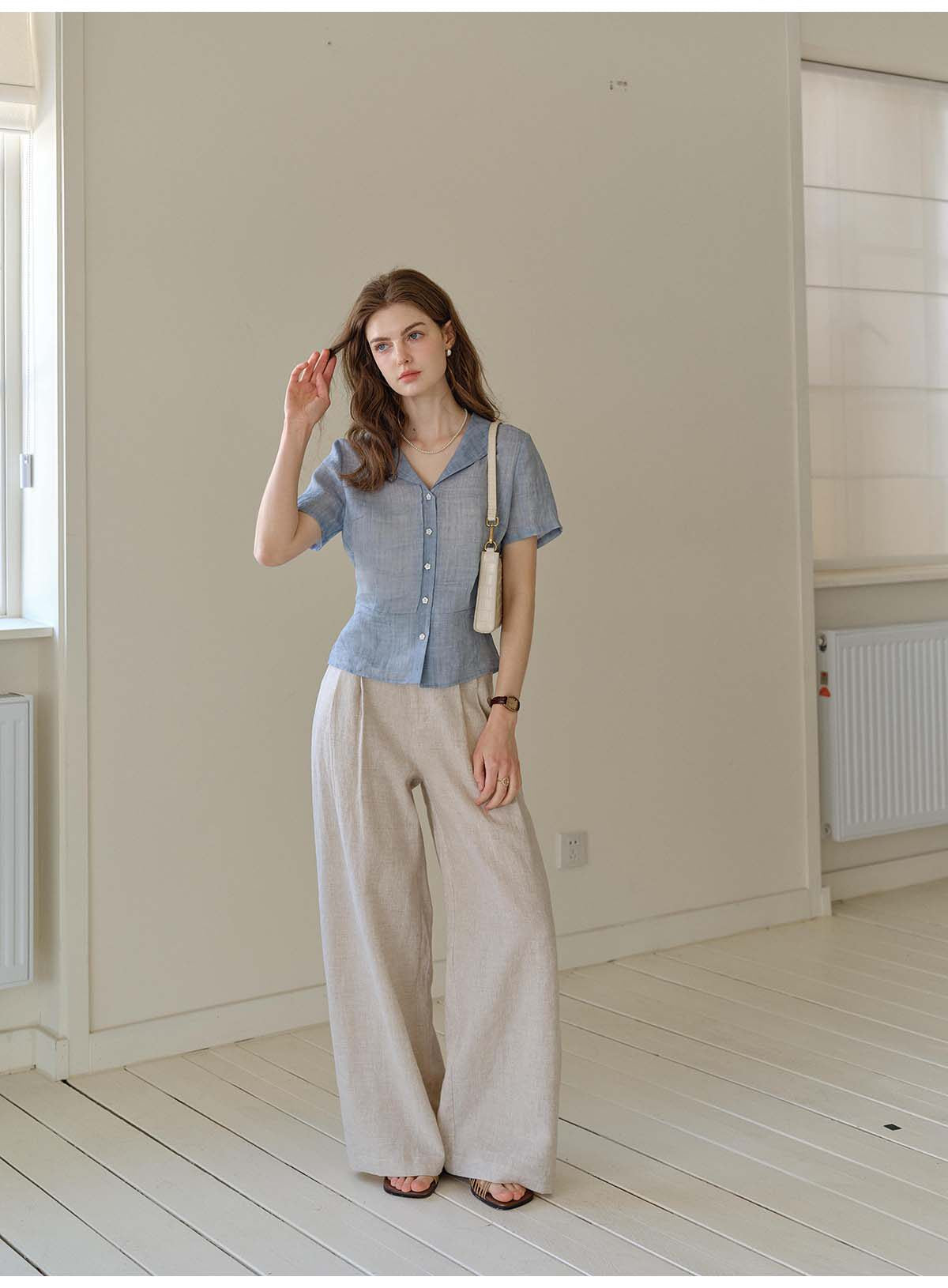 French Ramie Lyocell Notch Collar Blouse, Tailored Short Sleeve Button-Down Shirt for Women, Office Casual Retro Top