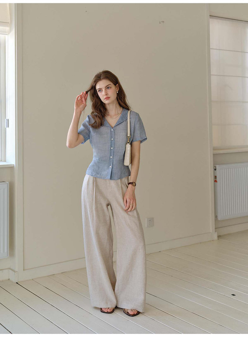 French Ramie Lyocell Notch Collar Blouse, Tailored Short Sleeve Button-Down Shirt for Women, Office Casual Retro Top
