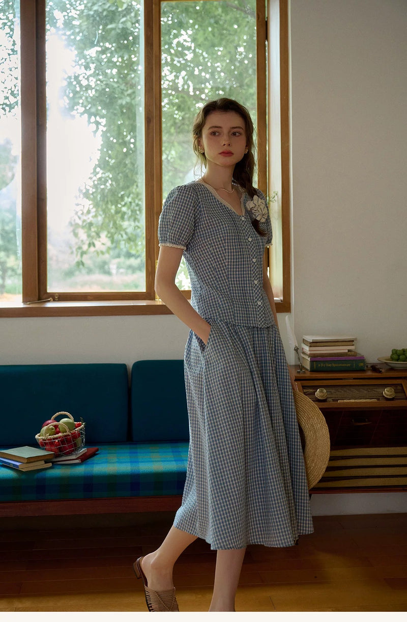Vintage Commute Women French Elegant V Neck Linen Two Piece Set Matching Cropped Top and Skirt Retro Temperament Outfit Daily Casual Linen Matching Set