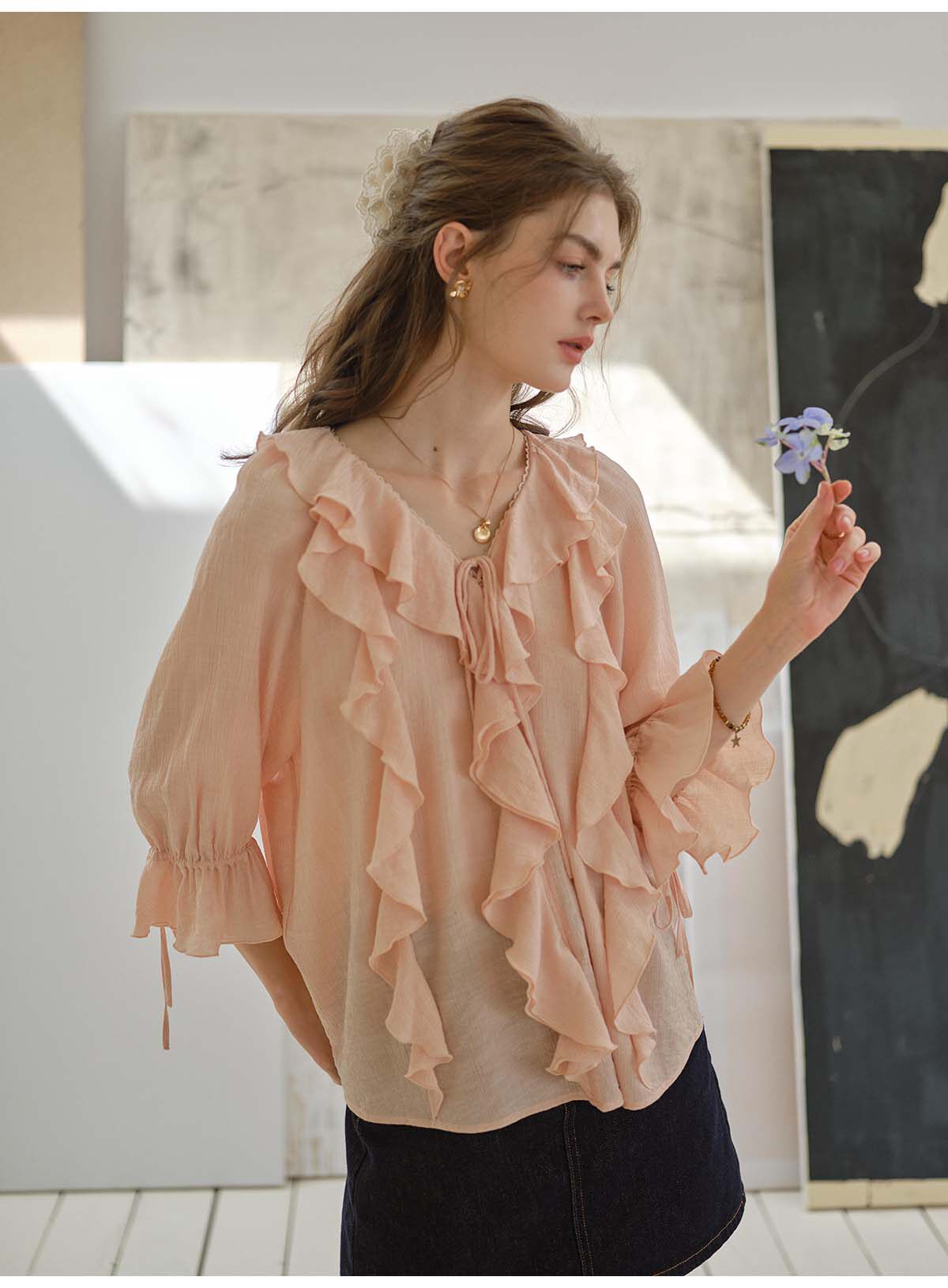 French Style Irregular Ruffle Chiffon Blouse Women 3/4 Sleeve Summer Casual Top