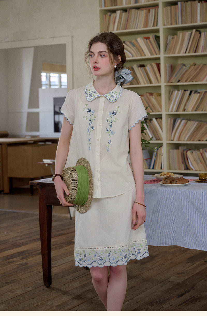 Embroidered Cotton Two-Piece Set Peter Pan Collar Blouse & Midi Skirt