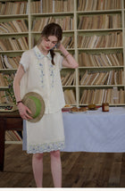 Embroidered Cotton Two-Piece Set Peter Pan Collar Blouse & Midi Skirt